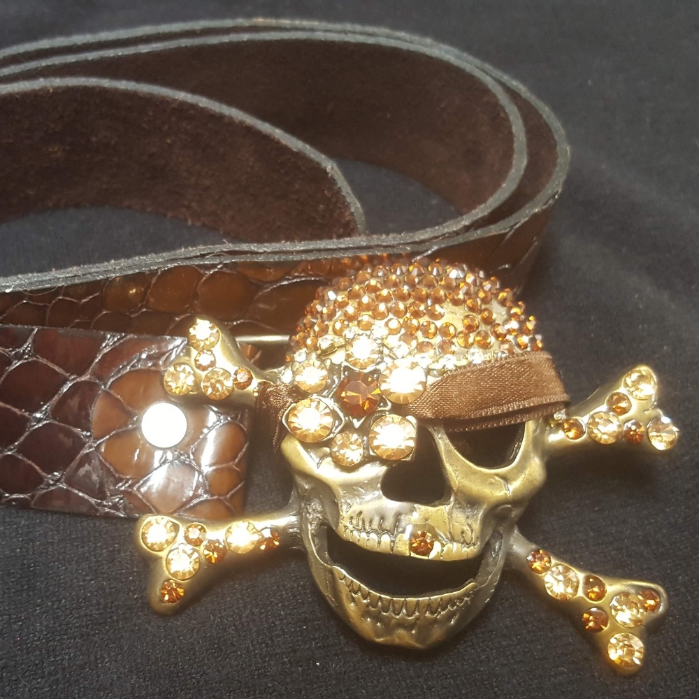 Brown Leather Skull & Crossbones Bling Belt